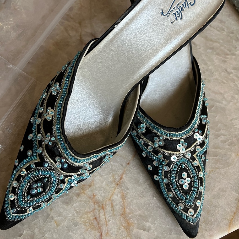 Very smart dressy embroidered heeled slides